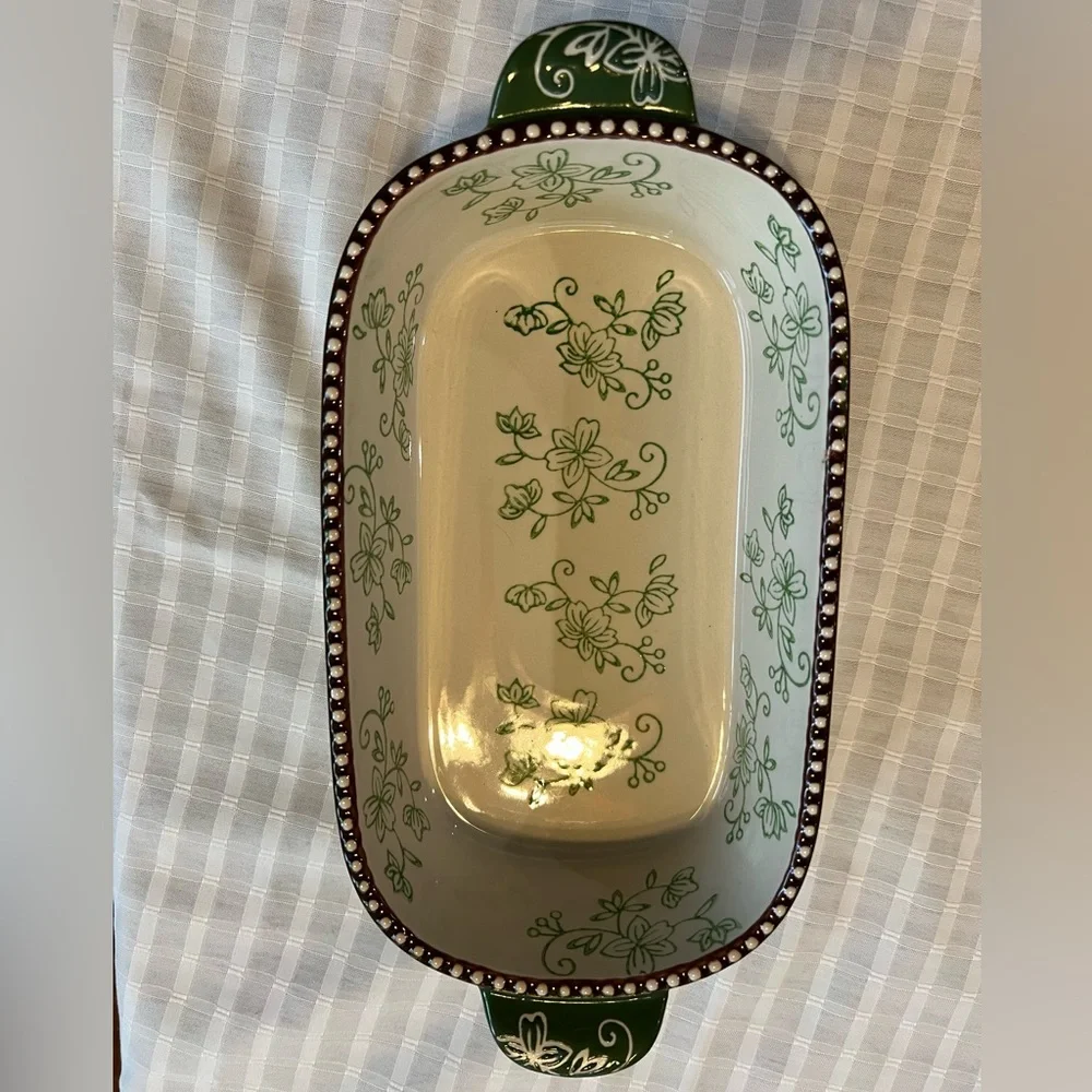 NEW Floral Green and White Ceramic Baking Dish - Picture 1 of 6